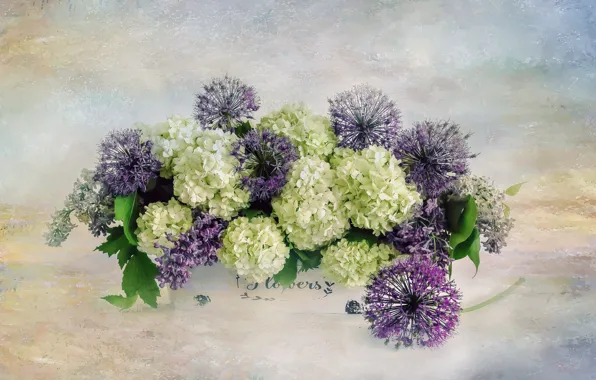 Picture leaves, flowers, bouquet, white, still life, tray, light background, lilac, Kalina, Allium, buldenezh