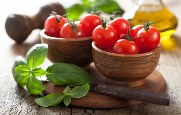 Picture oil, Board, tomatoes, spices, Basil, Vegetables, Tomatoes