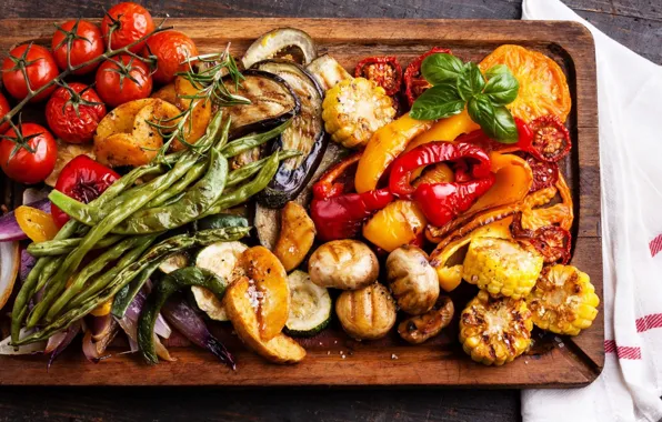 Picture mushrooms, corn, eggplant, vegetables, tomato, cuts, beans, grill, Basil