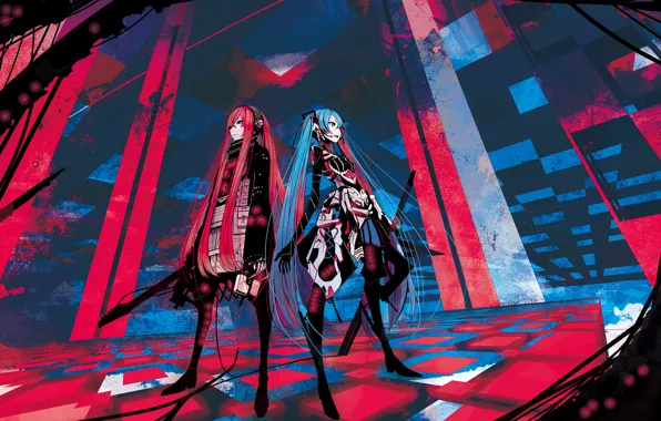Picture abstraction, girls, guitar, art, vocaloid, hatsune miku, megurine luka