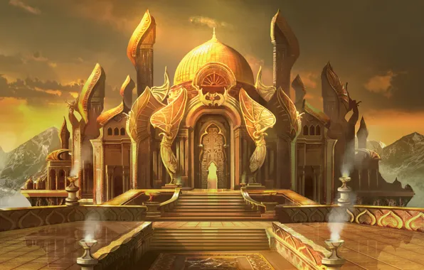 Picture the sun, gold, angels, architecture, the dome, statues, Palace, wealth, Magic The Gathering, Jung Park, …