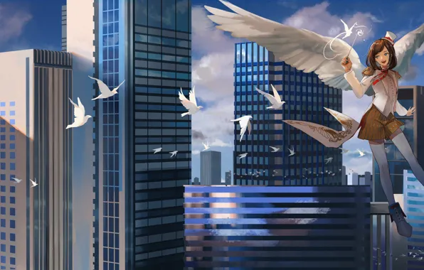 Picture girl, birds, the city, magic, angel