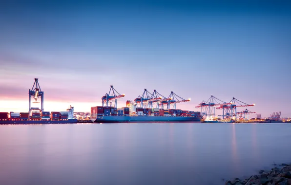 Picture The sky, Sea, The evening, Port, The ship, Calm, Cranes, Terminal