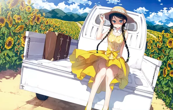 Picture field, summer, sunflowers, hills, girl, braids, suitcase, sitting, vacation, body, pickup, yellow dress, straw hat, …