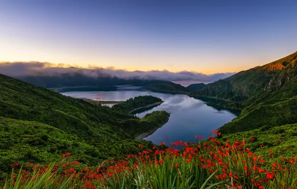 Picture clouds, landscape, mountains, nature, lake, forest, Azores, Lake of Fire