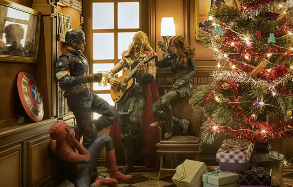 Picture Christmas, tree, fun, super heroes, a merry little christmas