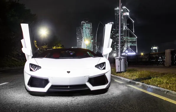 Picture white, lamborghini, tuning, power, front, face, italy, aventador, moscow city, LB834, Moscow city