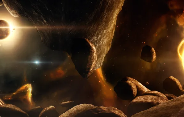 Picture the sun, stars, nebula, planet, rocket, asteroids, galaxy