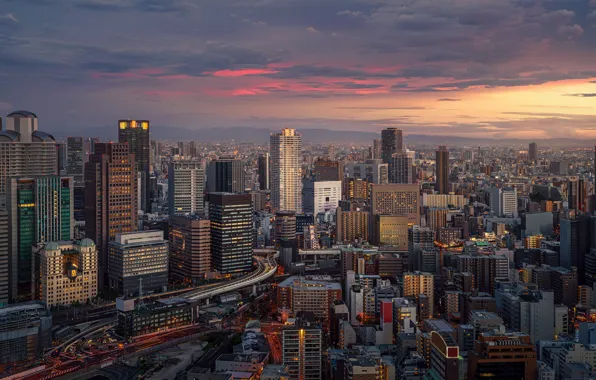 Picture road, the sky, clouds, sunset, the city, lights, view, building