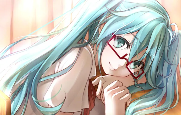 Picture glasses, blue eyes, vocaloid, bow, Vocaloid, blue hair, art, miku hatsune