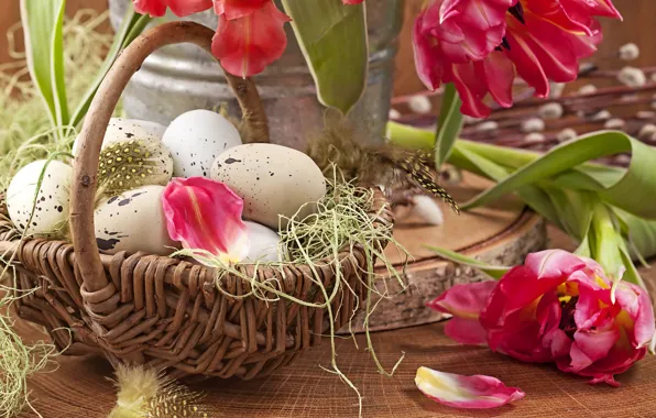 Picture photo, Tulips, Easter, Eggs, Basket, Petals, Holiday