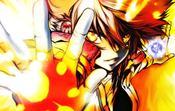 Picture fire, magic, anime, art, guy, the tenth boss vongole, the Ring-bearer Sky Vongola, Sawada, Cuneesi