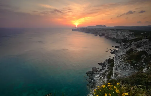Picture sea, the sky, water, the sun, sunset, nature, the ocean, rocks, shore, the evening, horizon