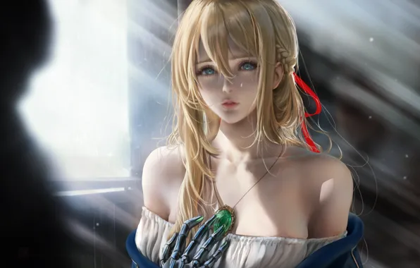Picture neckline, blue eyes, shoulders, sunlight, brooch, iron hand, red ribbon, Violet Evergarden, okna