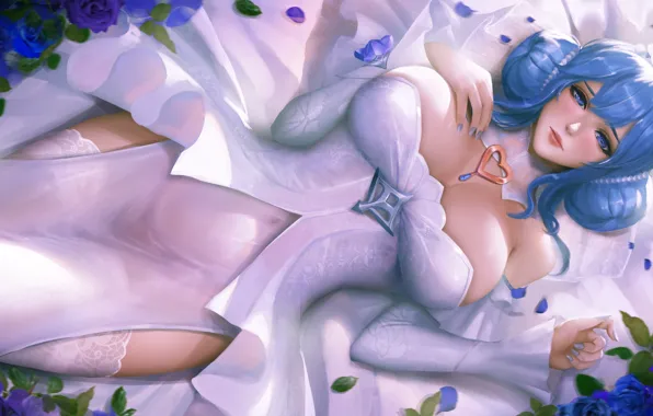 Picture girl, flowers, league of legends, sona buvelle, by turewindwalker, white outfit