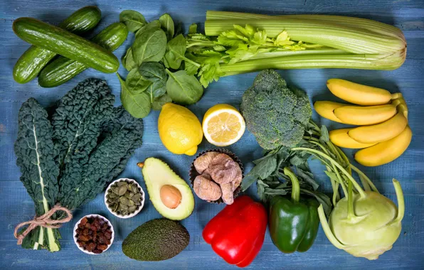 Picture leaves, bananas, pepper, fruit, vegetables, cabbage, lemons, cucumbers
