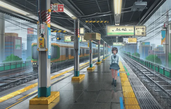 Picture girl, rain, train, station