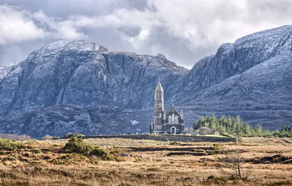 Picture cathedral, mountains, clouds, Ireland, architecture, countryside, Donegal, church