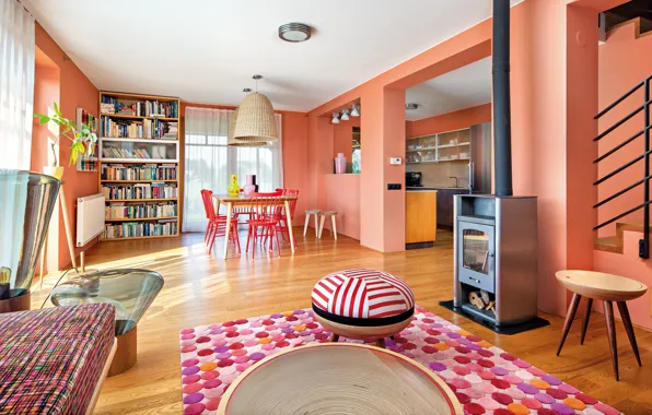 Picture interior, kitchen, fireplace, living room, dining room, warm colors