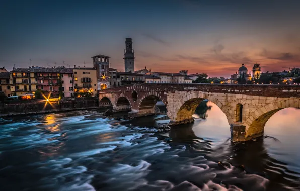 Picture sunset, bridge, Italy, Verona