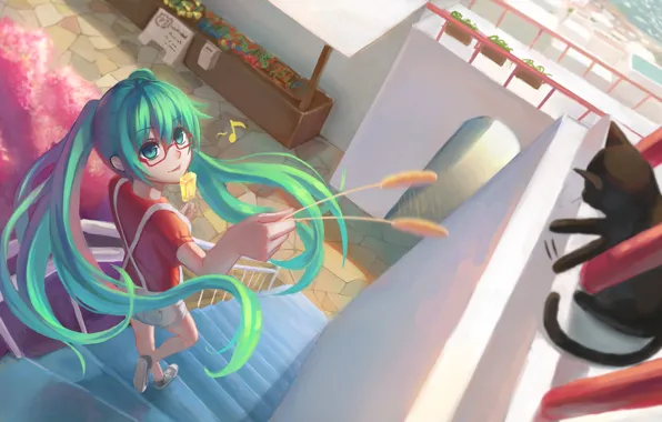 Picture cat, girl, anime, art, glasses, ice cream, note, vocaloid