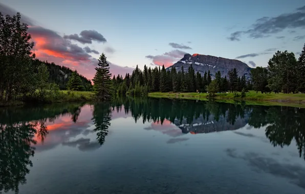 Picture forest, the sky, sunset, mountains, reflection, rocks, shore, the slopes