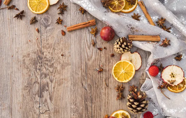 Picture winter, holiday, apples, Board, oranges, Christmas, New year, cinnamon, bumps, Christmas decorations, new year decorations