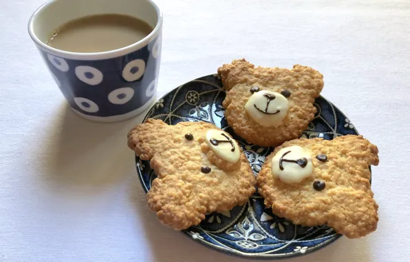 Picture Coffee, Bear, Cup, Saucer, Cookies, Cocoa