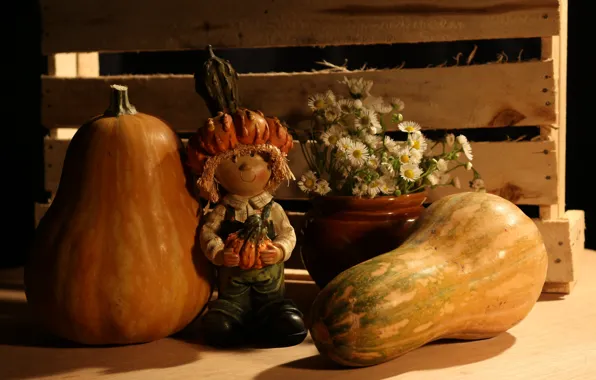 Picture tree, village, box, orange, pumpkin. autumn, still life on a rural theme