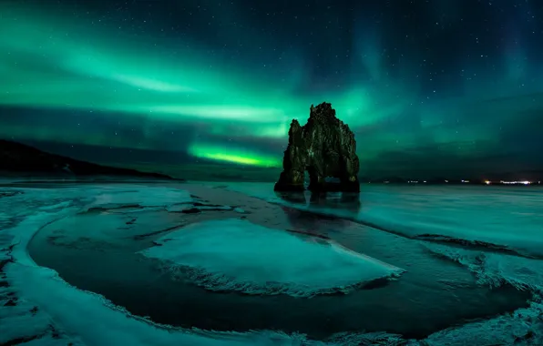 Picture winter, snow, night, rock, shore, Northern lights, pond