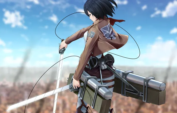 Picture look, girl, the city, wall, anger, scarf, swords, art