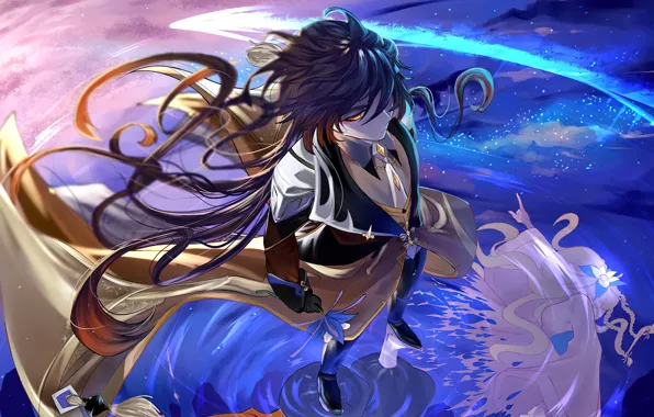 Picture flower, space, anime, character, flower, long hair, long hair, anime