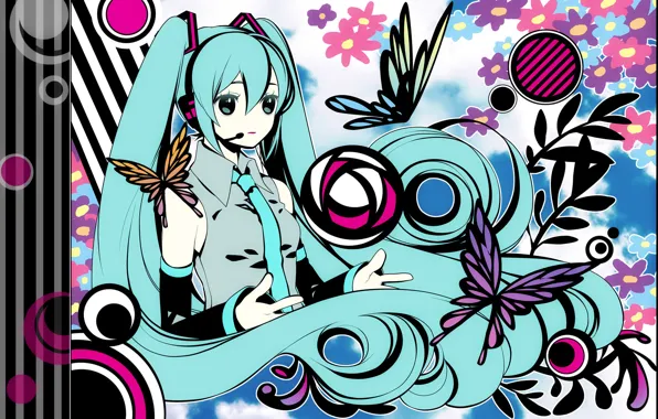 Picture girl, butterfly, flowers, art, vocaloid, hatsune miku, Vocaloid, headphones with microphone