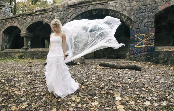 Picture autumn, girl, tree, the wind, foliage, blonde, white dress