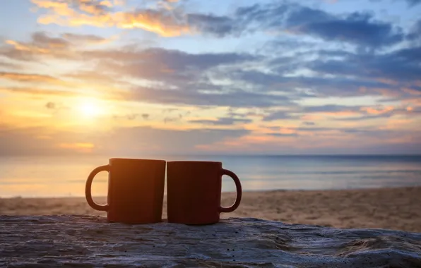 Picture shore, beach, sunset, sea, couple, summer, sky, two, cup, Cup, coffee, beach, romantic, sea, pair, …