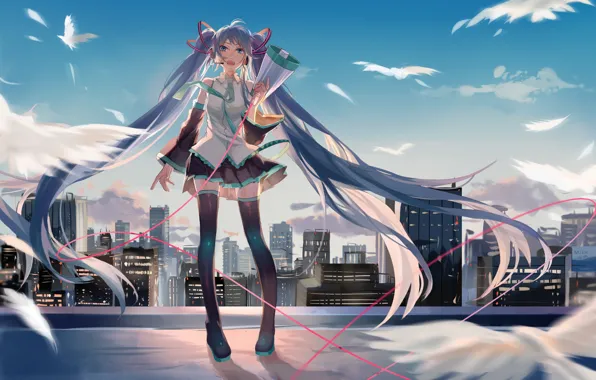 Picture roof, girl, the city, vocaloid, mouthpiece