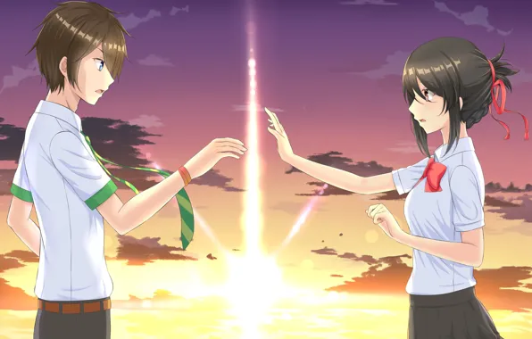 Picture girl, the sun, dawn, anime, art, guy, two, Kimi no VA On