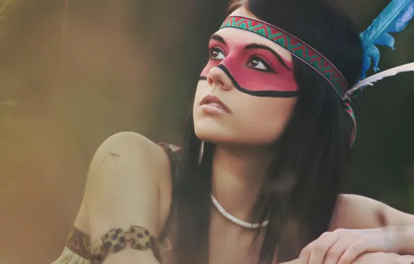 Picture eyes, look, girl, face, background, feathers, paint