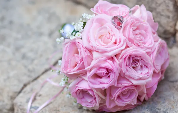Picture gentle, roses, bouquet, ring, pink, wedding, wedding, rings