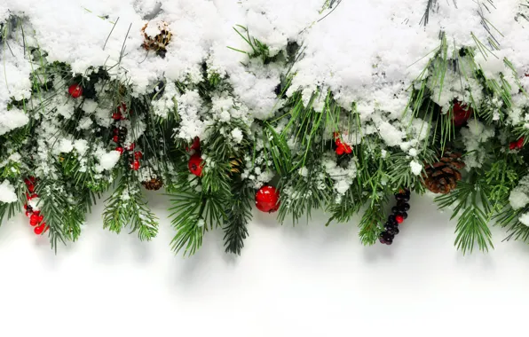 Picture winter, snow, decoration, berries, tree, New Year, Christmas, happy