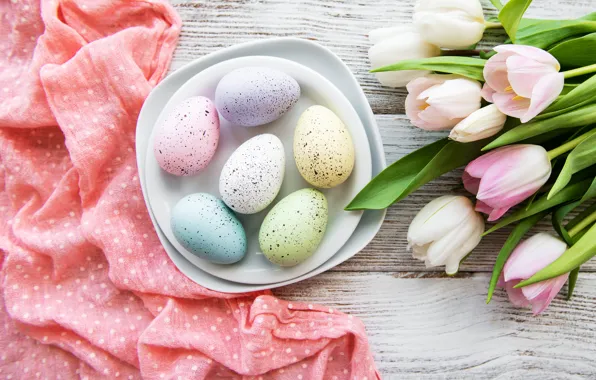 Picture flowers, eggs, spring, colorful, Easter, tulips, happy, wood