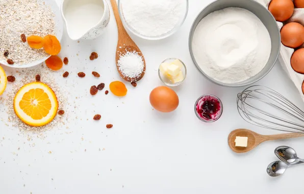 Picture eggs, white background, cereal, flour, raisins, whisk