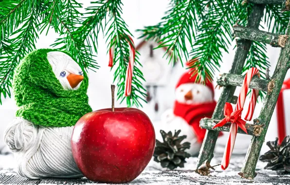 Picture background, gift, spruce, branch, New year, snowman, box, gift, snowman, holding, Handmade, yarn