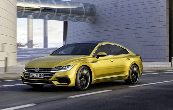 Picture asphalt, yellow, the building, Volkswagen, 2018, R-Line, liftback, 2017, Arteon