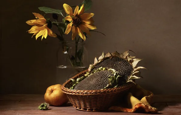 Picture sunflowers, flowers, table, bouquet, yellow, Bank, pear, still life, network, seeds