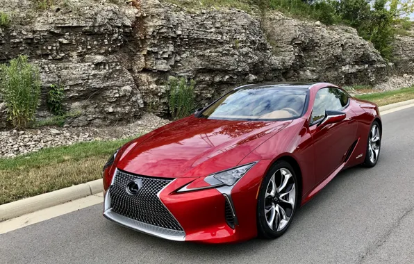 Picture road, car, machine, trees, Lexus, red, car, road, asphalt, Lexus LC 500