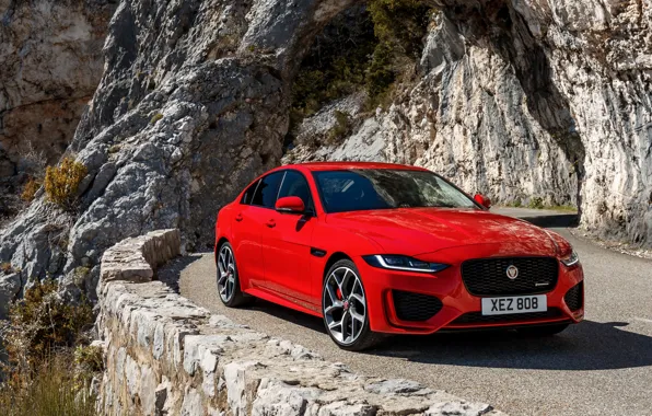 Picture mountains, red, Jaguar, arch, sedan, four-door, 2020, Jaguar XE
