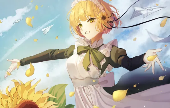 Picture summer, girl, sunflowers, the wind, petals, the maid, paper airplanes