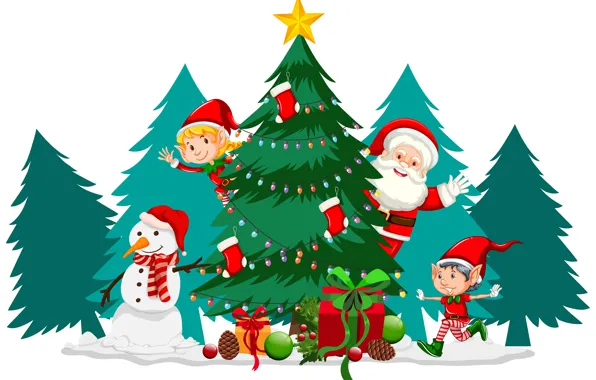 Picture Smile, Christmas, White background, New year, Elves, Santa Claus, Tree, Gifts, Snowman