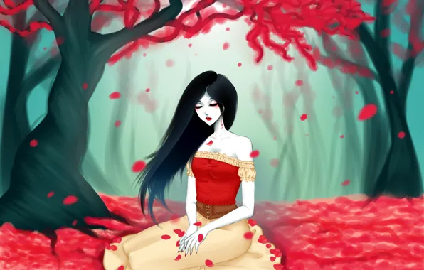 Picture leaves, girl, tree, art, red, adventure time, eirintomo, marceline